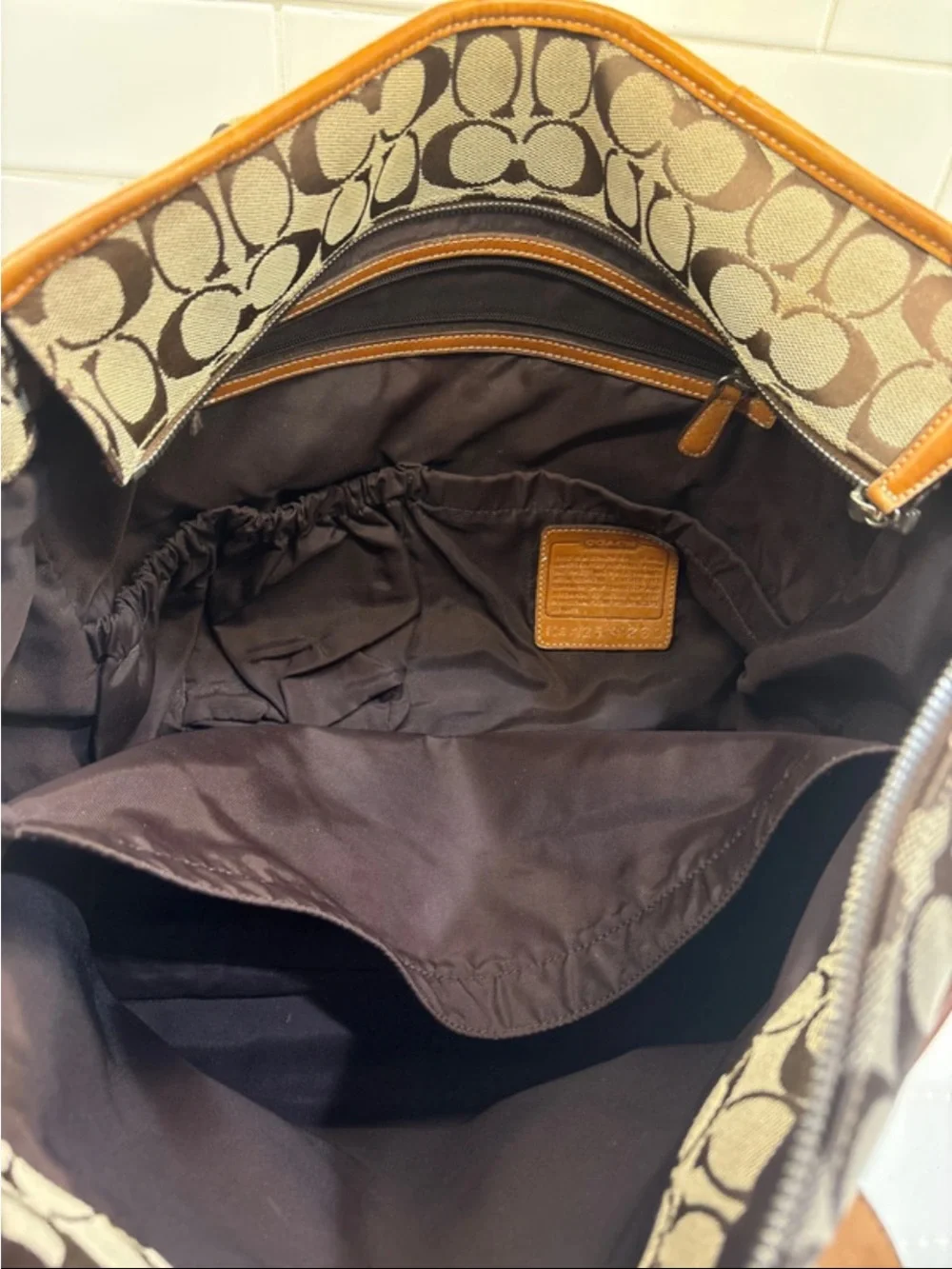 Coach Beige Signature Canvas Tote with Brown Leather Trim